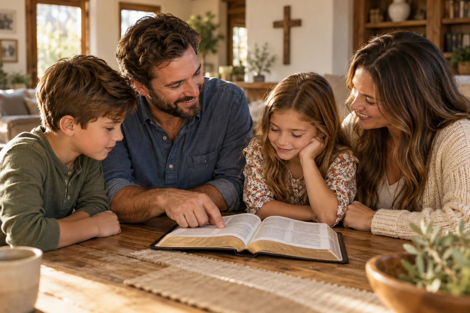 Illustrative image of a family sharing a Bible reading at home
